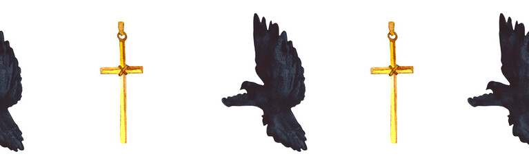 Watercolor christian border.Christian seamless border. Hand painted illustration on white backround.