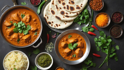 Assorted various Indian food on a dark rustic background. Traditional Indian dishes Chicken tikka masala, palak paneer, saffron rice, lentil soup, pita bread and spices. Square photo.Top view colorful - obrazy, fototapety, plakaty