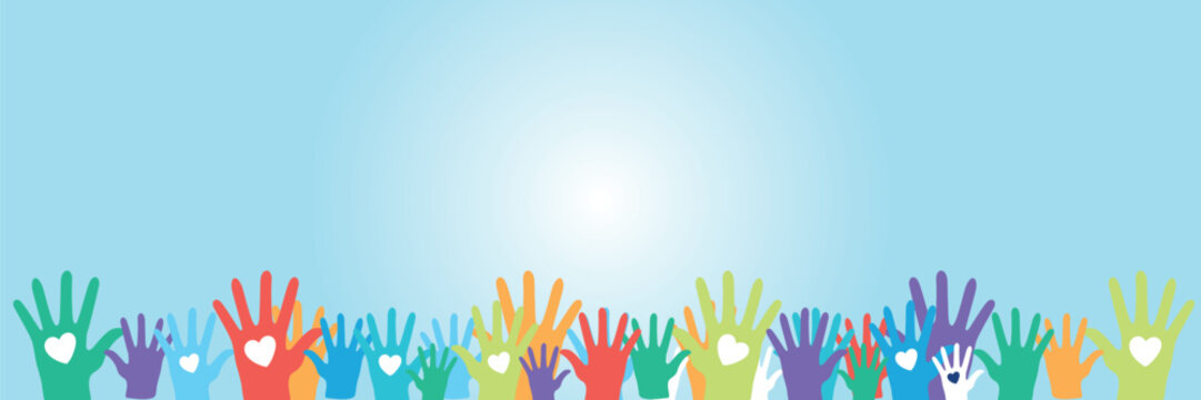 National Volunteer month. volunteers communities awareness concept banner design with focused in colorful letter and supporting hand in blue background. observed on April