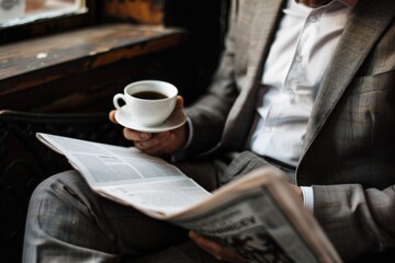 Businessman reading morning news and drinking coffee at desk in office workspace