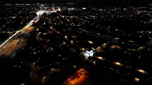 Aerial time Lapse Footage of Illuminated Central Cambridge City of England UK