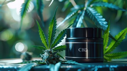 Elegant matte black CBD cream jar and a bud of hemp placed against a vibrant botanical background, highlighting the product's natural origins - obrazy, fototapety, plakaty