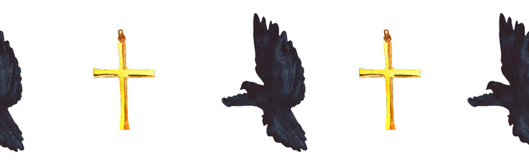 Watercolor christian border.Christian seamless border. Hand painted illustration on white backround.