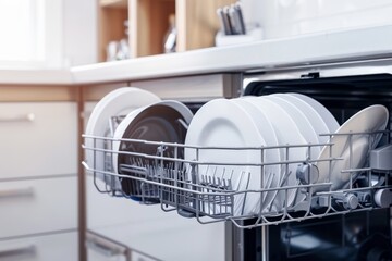 Modern kitchen interior with electronic dishwasher and stack of used white dishes ready for washing