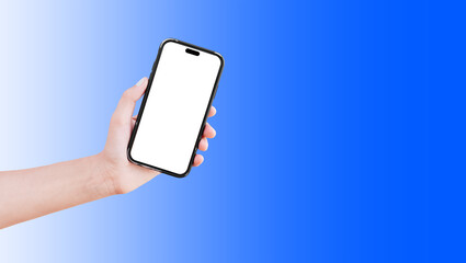 Close-up of hand holding smartphone with blank on screen isolated on background of blue.