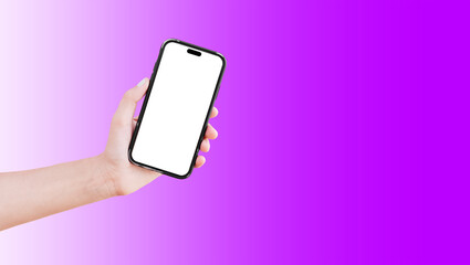 Close-up of hand holding smartphone with blank on screen isolated on background of purple.
