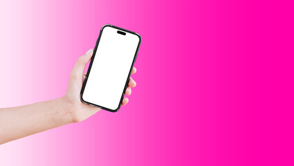 Close-up of hand holding smartphone with blank on screen isolated on background of pink.