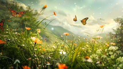 Obraz na płótnie Canvas Butterflies Flying Over Lush Green Field