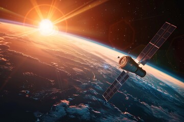 Space satellite with solar panels orbiting earth, backlit by sun in deep space background