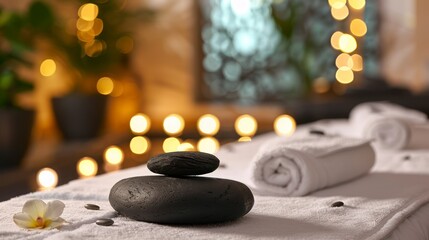 Black Volcanic stones and a Pristine Towel Await on a Spa Massage Table, Illuminated by Soft Bokeh Lights