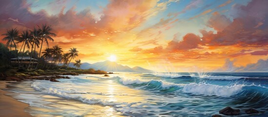 An art piece depicting a stunning sunset over a beach with palm trees, showcasing a beautiful afterglow in the sky and reflecting colors in the calm water