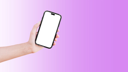 Close-up of hand holding smartphone with blank on screen isolated on background of pastel purple.
