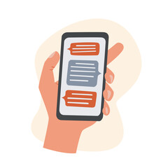 Hand holding smartphone with chats on screen. Flat vector illustration