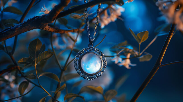 An alluring moonstone pendant beautifully hanging on a branch with a twilight blue backdrop