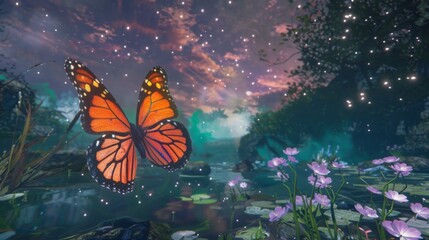 Butterfly Flying Above Pond With Water Lilies
