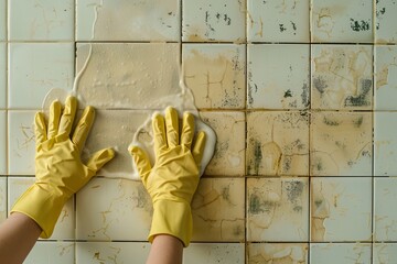 Young woman wearing rubber gloves cleaning a tiled wall in light ashy tones with sponge - obrazy, fototapety, plakaty