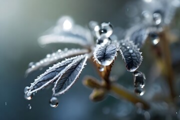 frost on the plant, close up of water droplets on a nature, winter abstract background, Generative AI