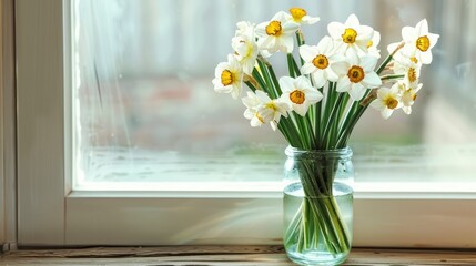 A Warm Mother's Day Greeting Card Featuring Daffodils in a Vase, Perfectly Placed on a Wooden Windowsill
