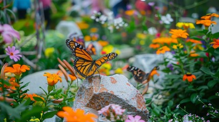 Butterfly Perched on Rock Among Flowers