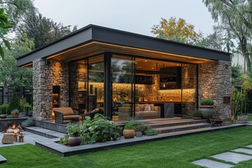 Fototapeta na wymiar Twilight bathes a stunning modern house in soft light accentuating its sleek design and lush landscaping