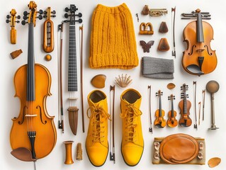 A collection of musical instruments and clothing items, including a yellow sweater and yellow shoes, are arranged in a pattern on a white background. Concept of creativity and playfulness