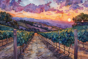 Twilight over vineyard hills, watercolor, harvest's close