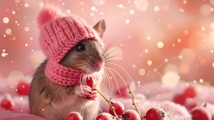 a mouse wearing a pink sewed cap scarf around it neck with a berry before it on a pink background with stars