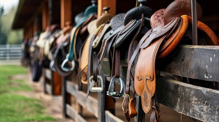 Horse Riding Saddles Poised on the Fence, Echoing the Spirit of the Stable - obrazy, fototapety, plakaty