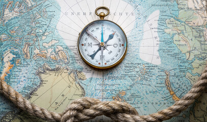 Magnetic old compass and rope on old nord pole map. Travel, geography, history, navigation, tourism and exploration concept background. Retro compass on geography map. - 769713888