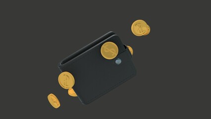 Fototapeta na wymiar 3D rendering of coins and a black wallet isolated on a black background