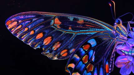 Vibrant Butterfly on Flower Under Ultraviolet Light