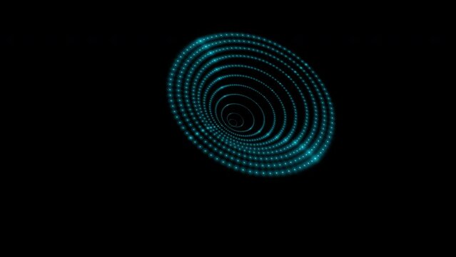 Glowing blue neon circles of different scales from small dots forming a cone, isolated on a black background. 4k abstract loop 3d animation 60 fps.