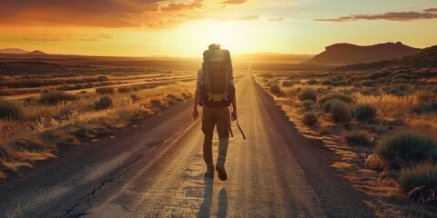Fototapeta na wymiar A man carrying a backpack and walking along a deserted road at sunset. 