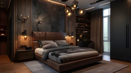 Tranquil Masculine Haven: Leather-Clad Bedstead and Industrial Elegance in a Smoky Color Scheme