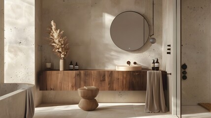 Tranquil Bathroom Retreat: A Modern Sanctuary Featuring a Sleek Wooden Vanity and Inviting Warm Hues