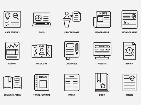 type of media publication outline icon.copywriting Linear icon collection isolated on white background