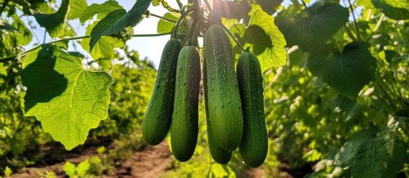 A cluster of green cucumbers dangle from the vine of a terrestrial plant in a field. These natural foods are a local vegetable produce, fresh and crisp