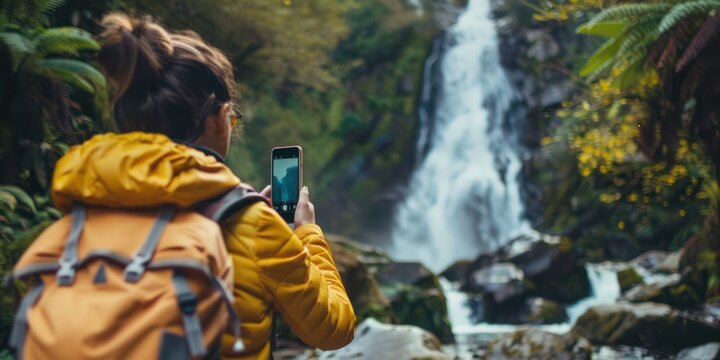 A woman taking a photo of a stunning waterfall with her smartphone. 
