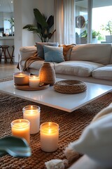 Minimalist Living Room with Chic Decor and Soft Candlelight. Minimalist White Living Room with Natural Textures and Candle Glow