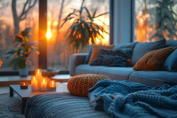 Warm Sunset Ambiance in a Stylish Living Room with Comforting Decor. Home Sweet Home: Cozy Evening Vibes in a Modern Living Space with Candles and Sunset View