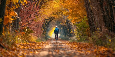 A cyclist pedaling through a tunnel of autumn trees. 