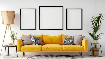Bright Yellow Sofa and Stylish Gallery Wall in an Artistic Living Room.  Contemporary Living Room with Statement Sofa and Wall Art