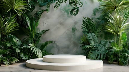 White Podium Stand amidst Lush Greenery for Product Showcasing. Minimalist White Stage Surrounded by Exotic Foliage for Elegant Presentations