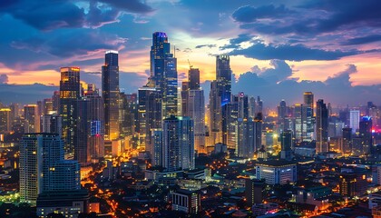 Vibrant city skyline with modern skyscrapers under the golden hues of a sunset
