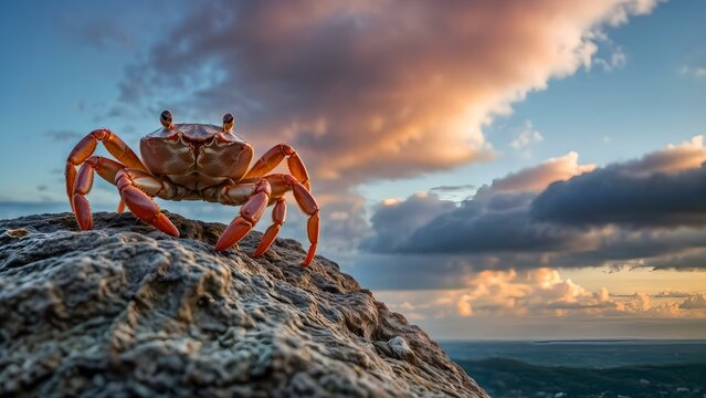 A crab is standing on a rock with a sunset in the background. on the beach