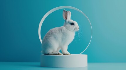 a white bunny watching out of the circle on a blue background