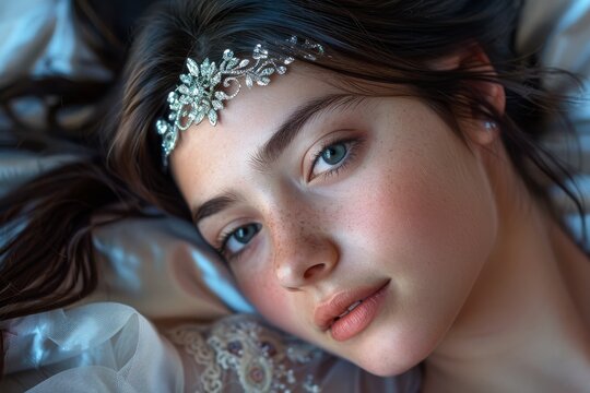 Woman with captivating eyes adorned with a sparkling jeweled headpiece, hinting at luxury and elegance