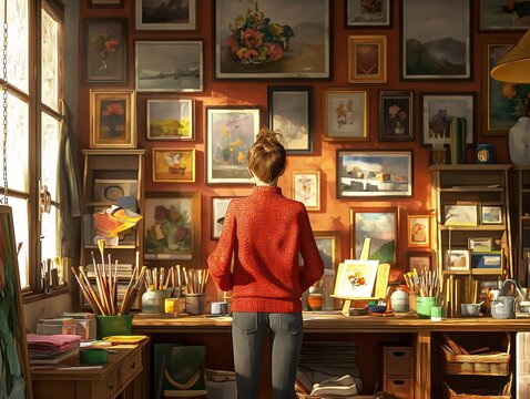 A woman stands in front of a wall of pictures and paintings. She is wearing a red sweater and she is looking at the artwork. The room is filled with various paintings and art supplies