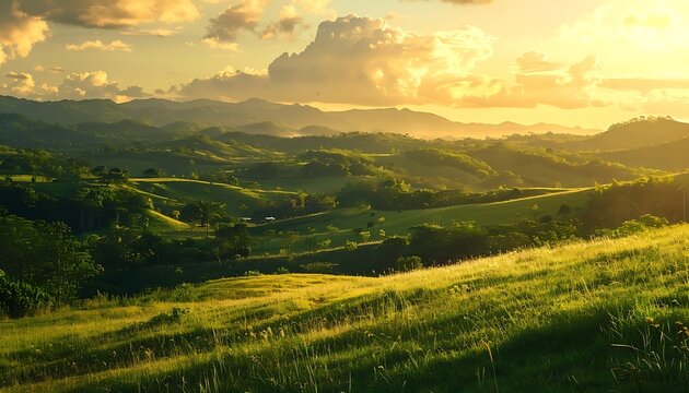 Tranquil countryside landscape featuring rolling green hills under the warm glow of the setting sun