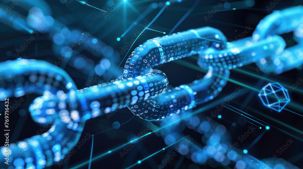 Poster this composition shows digital chain links with added geometric shapes in shades of blue, suggesting